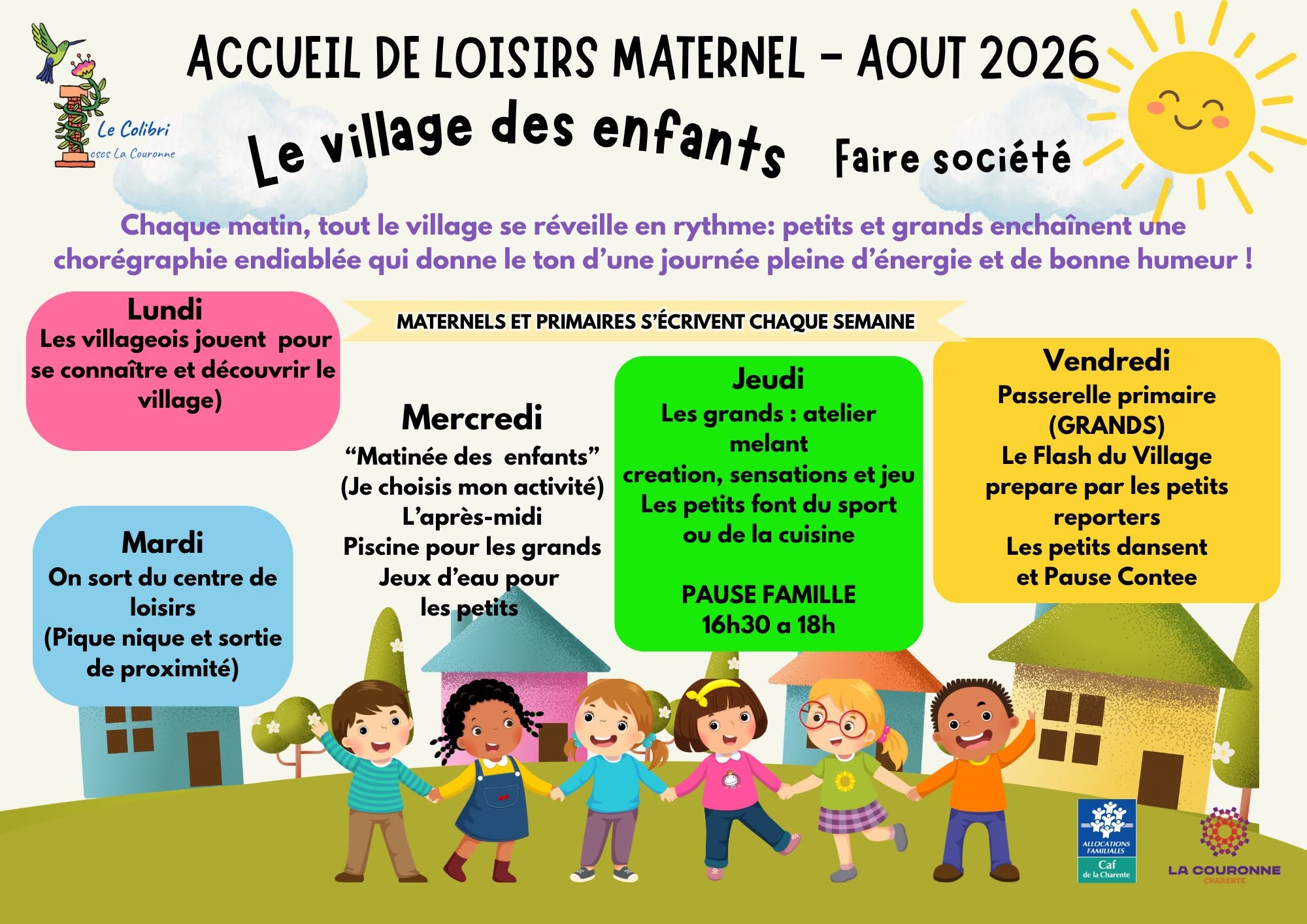 Programme des activités de l'accueil de loisirs maternel du Colibri pour le mois d'août 2026.