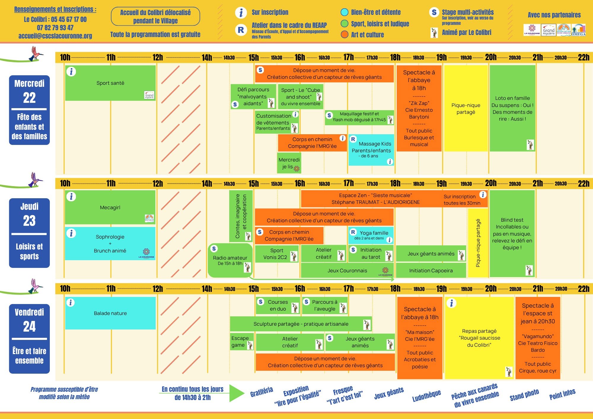 Programme des animations du Village Éphémère 2026 présentant les activités et spectacles prévus du 22 au 24 juillet à La Couronne.