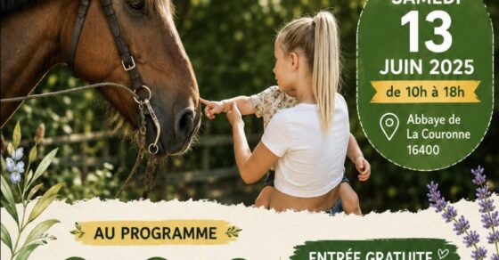Affiche du Festival Bien-être animal et biodiversité organisé par le collectif Le Vent se Lève. Une enfant tend la main vers un cheval. L'affiche annonce une journée consacrée à la biodiversité et au respect du vivant avec balade botanique, expositions, conférences, ateliers enfants, contes et mini-ferme pédagogique. Événement gratuit le samedi 13 juin 2026 de 10h à 18h à l'Abbaye Notre-Dame de La Couronne.
