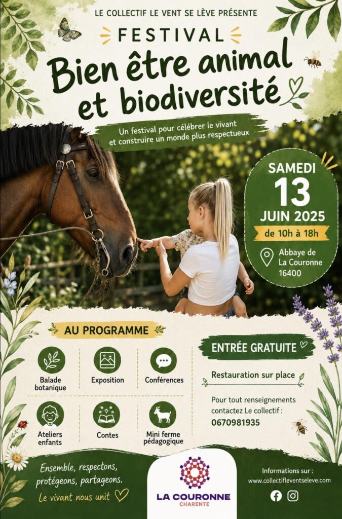 Affiche du Festival Bien-être animal et biodiversité organisé par le collectif Le Vent se Lève. Une enfant tend la main vers un cheval. L'affiche annonce une journée consacrée à la biodiversité et au respect du vivant avec balade botanique, expositions, conférences, ateliers enfants, contes et mini-ferme pédagogique. Événement gratuit le samedi 13 juin 2026 de 10h à 18h à l'Abbaye Notre-Dame de La Couronne.