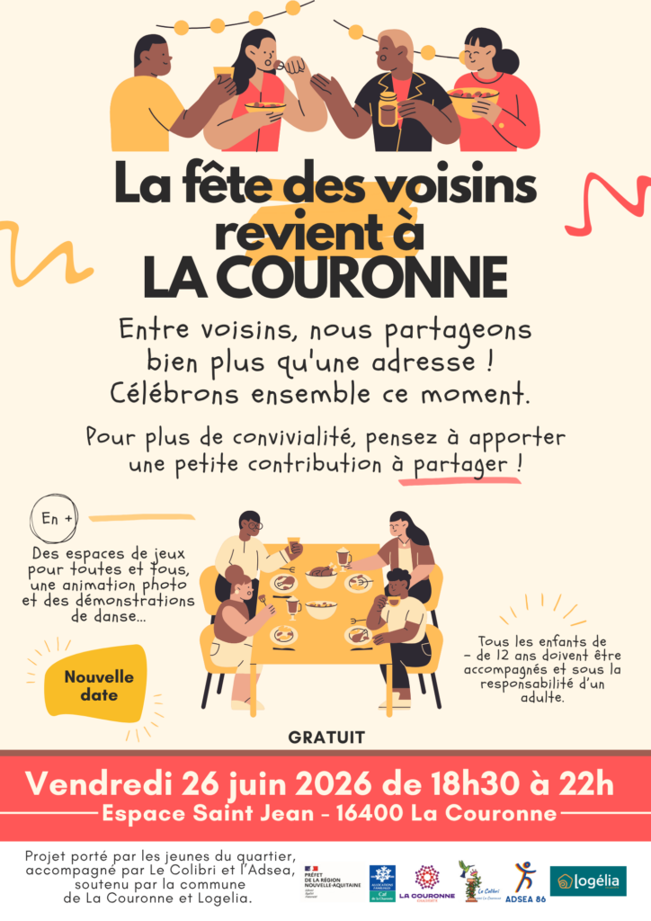 Affiche de la Fête des voisins 2026 à La Couronne, organisée le vendredi 26 juin de 18h30 à 22h à l’Espace Saint-Jean, avec animations, jeux, démonstrations de danse et moment convivial entre habitants.