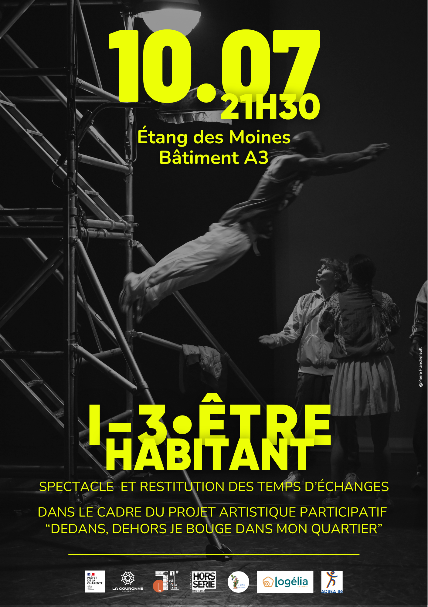 Affiche du projet artistique participatif « I-3 Être habitant » porté par le chorégraphe Hamid Ben Mahi et la Compagnie Hors Série à La Couronne. Sur fond noir et blanc représentant des danseurs en mouvement, l'affiche annonce plusieurs rendez-vous entre mai et juillet 2026 dans le quartier de l'Étang des Moines : rencontres, goûter, performances et spectacle.
