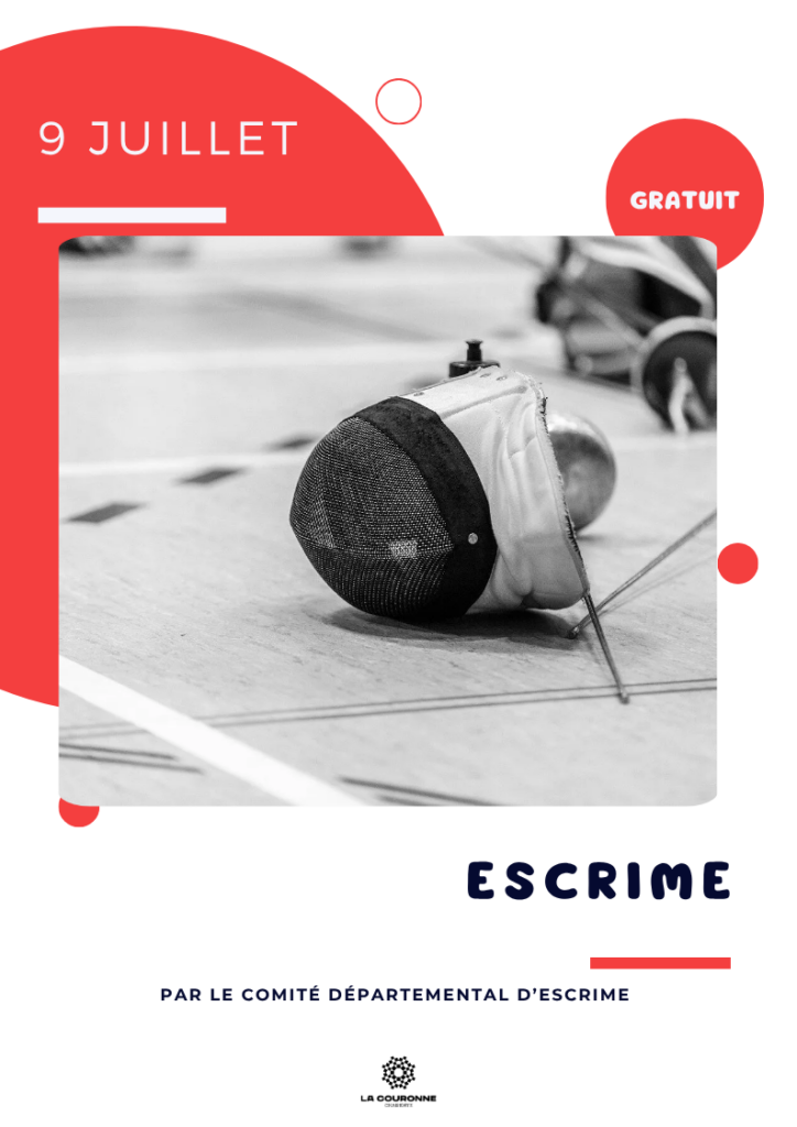 Affiche de l'initiation à l'escrime organisée le 9 juillet 2026 au gymnase Alice Milliat, accessible dès 7 ans sur inscription.