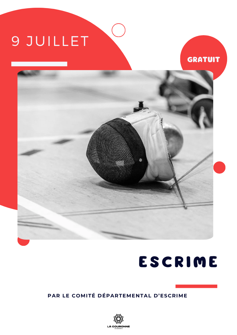 Affiche de l'initiation à l'escrime organisée le 9 juillet 2026 au gymnase Alice Milliat, accessible dès 7 ans sur inscription.