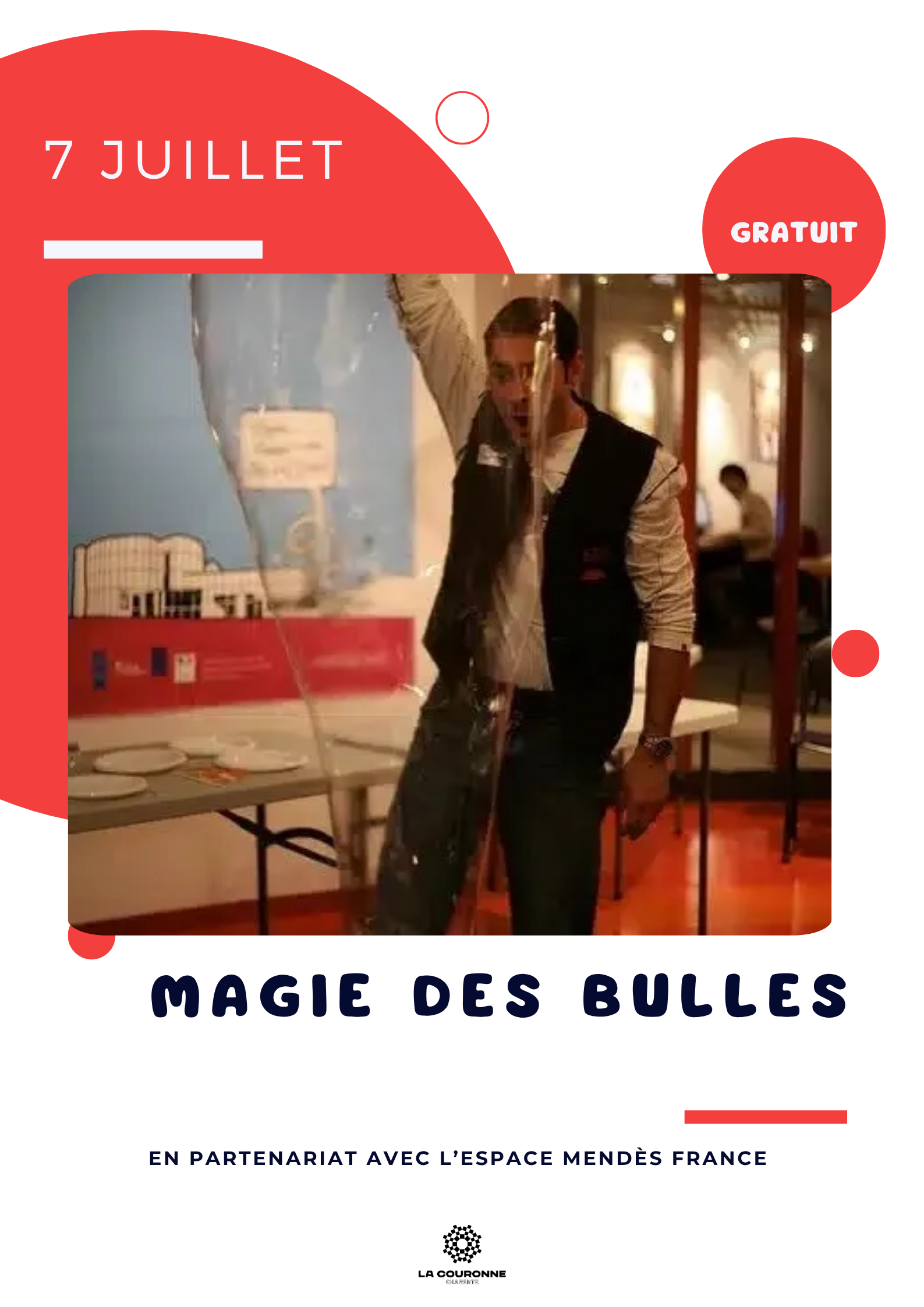 Affiche de l'atelier « Magie des bulles » organisé le 7 juillet 2026 à l'Espace Saint-Jean. Animation scientifique pour les enfants de 4 à 7 ans autour des bulles, sur inscription.