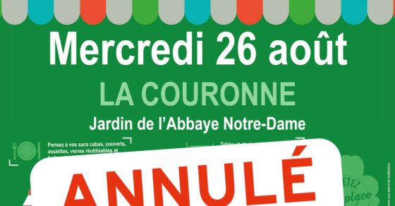 Affiche du Marché des Producteurs de Pays à La Couronne. Sur fond vert illustré de producteurs et de visiteurs partageant un repas en plein air, l'affiche annonce le marché du mercredi 26 août 2026 à partir de 18h dans le jardin de l'Abbaye Notre-Dame. L'événement réunit des producteurs locaux qui vendent directement leurs produits et permet de se restaurer sur place - ANNULÉ