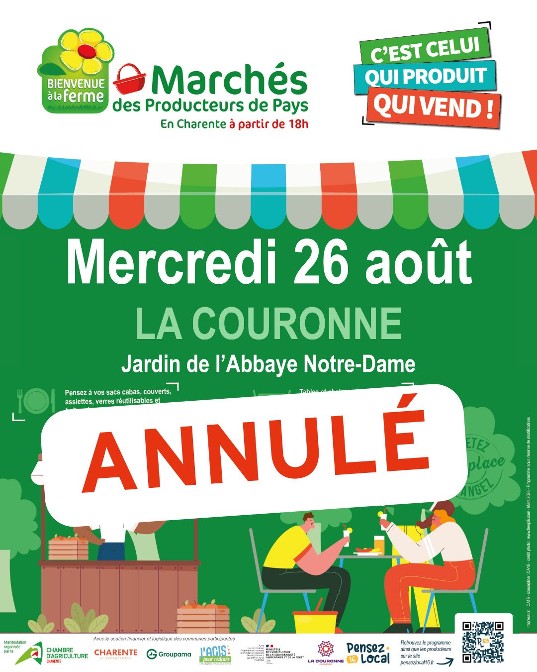 Affiche du Marché des Producteurs de Pays à La Couronne. Sur fond vert illustré de producteurs et de visiteurs partageant un repas en plein air, l'affiche annonce le marché du mercredi 26 août 2026 à partir de 18h dans le jardin de l'Abbaye Notre-Dame. L'événement réunit des producteurs locaux qui vendent directement leurs produits et permet de se restaurer sur place - ANNULÉ