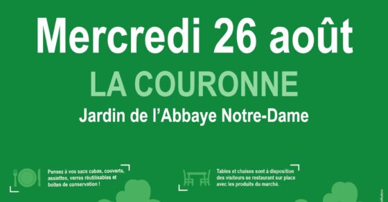 Affiche du Marché des Producteurs de Pays à La Couronne. Sur fond vert illustré de producteurs et de visiteurs partageant un repas en plein air, l'affiche annonce le marché du mercredi 26 août 2026 à partir de 18h dans le jardin de l'Abbaye Notre-Dame. L'événement réunit des producteurs locaux qui vendent directement leurs produits et permet de se restaurer sur place.