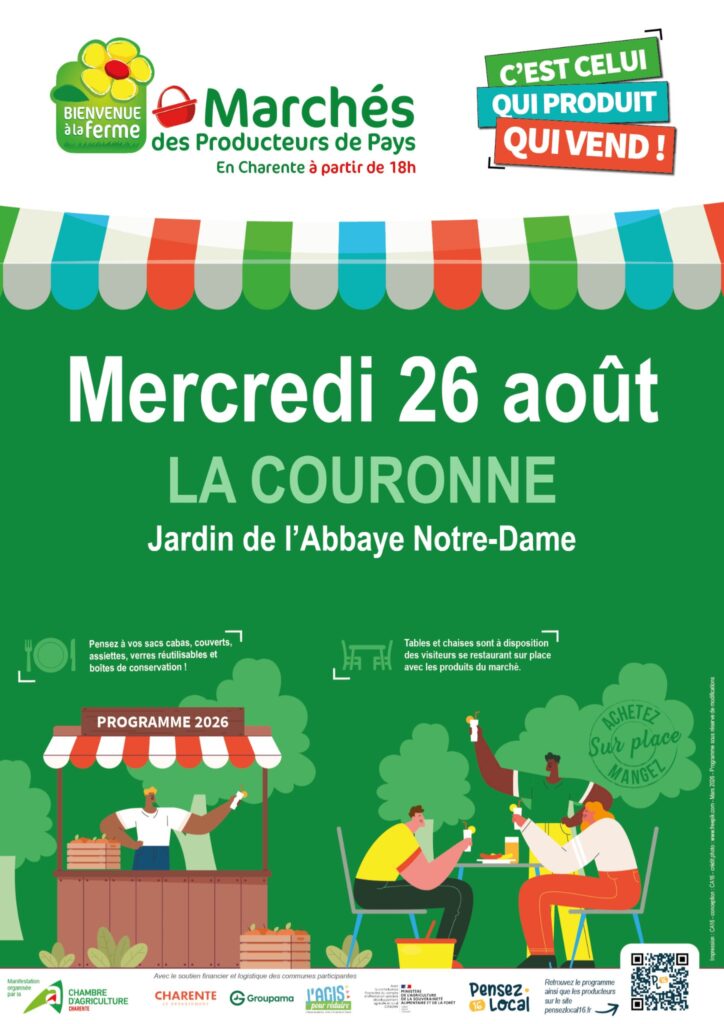 Affiche du Marché des Producteurs de Pays à La Couronne. Sur fond vert illustré de producteurs et de visiteurs partageant un repas en plein air, l'affiche annonce le marché du mercredi 26 août 2026 à partir de 18h dans le jardin de l'Abbaye Notre-Dame. L'événement réunit des producteurs locaux qui vendent directement leurs produits et permet de se restaurer sur place.