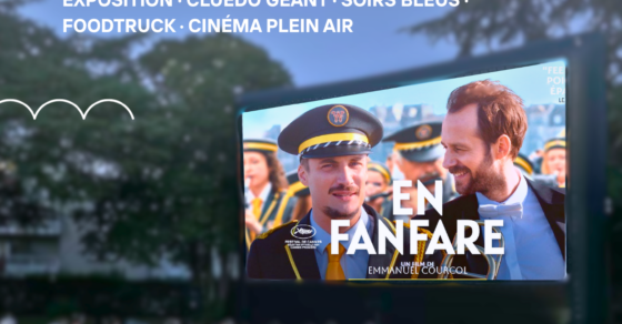 Affiche des Belles Heures de l'été 2026 à La Couronne. L'affiche annonce une journée gratuite le dimanche 5 juillet à l'Espace Saint-Jean avec une exposition, un Cluedo géant, un food truck, un concert Soirs Bleus du groupe Gang of Musette et une projection en plein air du film « En fanfare » d'Emmanuel Courcol. Une image de cinéma en plein air avec spectateurs et écran géant illustre l'événement.