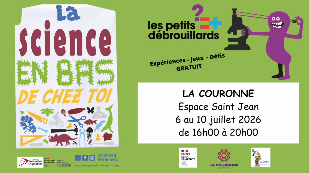 Affiche « La science en bas de chez toi » des Petits Débrouillards. Sur fond vert, l'affiche annonce des animations gratuites autour des sciences, des expériences, des jeux et des défis à l'Espace Saint-Jean de La Couronne du 6 au 10 juillet 2026 de 16h à 20h.