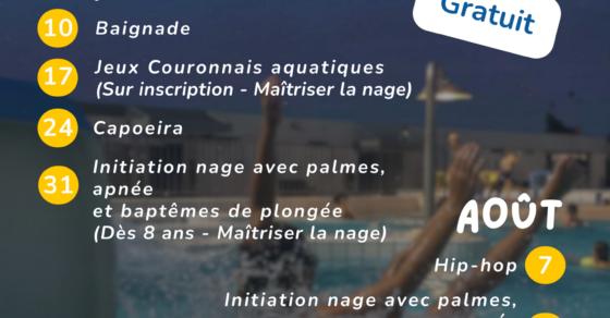 Affiche des nocturnes de la piscine de La Couronne. Sur une photographie de la piscine en soirée, l'affiche présente les animations organisées chaque vendredi de l'été de 19h30 à 21h : baignade libre, Jeux couronnais aquatiques, initiation capoeira, initiation à la nage avec palmes, à l'apnée et baptêmes de plongée, ainsi qu'une soirée hip-hop. Événements gratuits proposés à la piscine municipale de La Couronne.