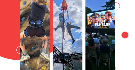 Affiche des Rendez-vous de l'été 2026 à La Couronne. Trois photographies illustrent les animations estivales : un enfant pratiquant l'escalade, une performance artistique aérienne et une séance de cinéma en plein air. Le visuel annonce un programme gratuit en juillet et août comprenant les Belles Heures de l'été, des ateliers sportifs et culturels, le Marché des Producteurs de Pays et les Soirs Bleus.