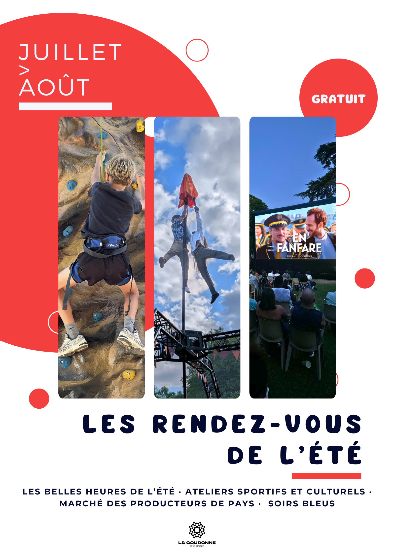 Affiche des Rendez-vous de l'été 2026 à La Couronne. Trois photographies illustrent les animations estivales : un enfant pratiquant l'escalade, une performance artistique aérienne et une séance de cinéma en plein air. Le visuel annonce un programme gratuit en juillet et août comprenant les Belles Heures de l'été, des ateliers sportifs et culturels, le Marché des Producteurs de Pays et les Soirs Bleus.