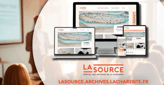 Affiche annonçant l'atelier « Archives à domicile : La Source vient à vous », proposé par les Archives départementales de la Charente le vendredi 3 juillet à 10h à la médiathèque de La Couronne. Le visuel présente différents écrans affichant le portail « La Source », permettant de consulter les archives de la Charente en ligne.