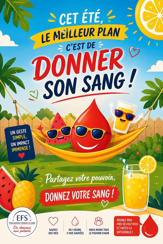 Affiche de l'Établissement français du sang (EFS) illustrant une campagne estivale de don du sang. Une goutte de sang souriante, entourée de fruits d'été et d'un verre de jus, est installée dans un hamac sous le slogan « Cet été, le meilleur plan, c'est de donner son sang ! ». L'affiche invite à prendre rendez-vous pour donner son sang.