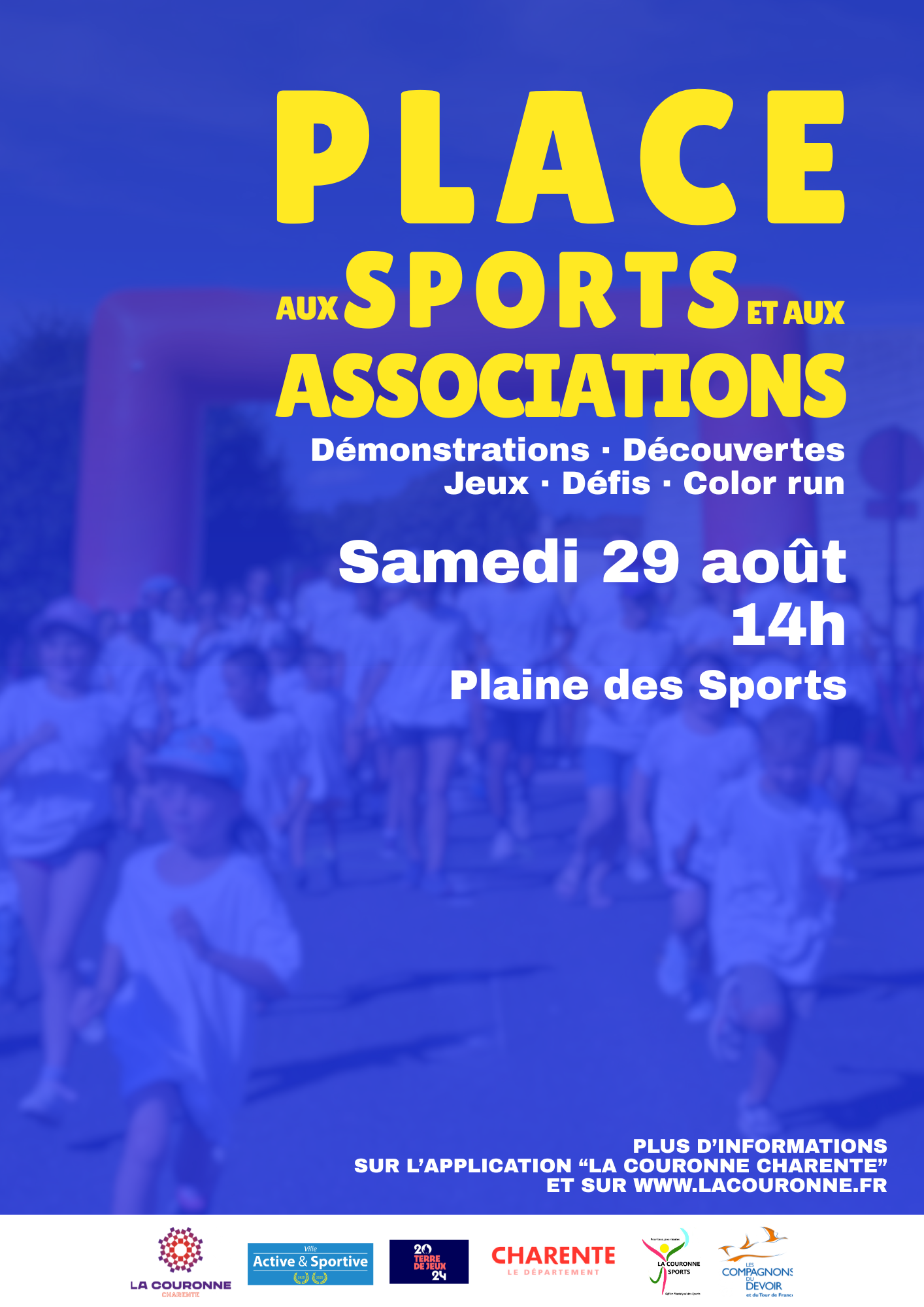 Affiche de l'événement « Place aux sports et aux associations » organisé le samedi 29 août 2026 à la Plaine des Sports de La Couronne.