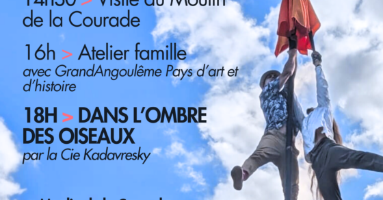 Affiche des Soirs Bleus du dimanche 19 juillet 2026 au Moulin de la Courade à La Couronne. Au programme : visite du Moulin à 14h30, atelier famille à 16h avec GrandAngoulême Pays d'art et d'histoire, puis spectacle « Dans l'ombre des oiseaux » de la compagnie Kadavresky à 18h.