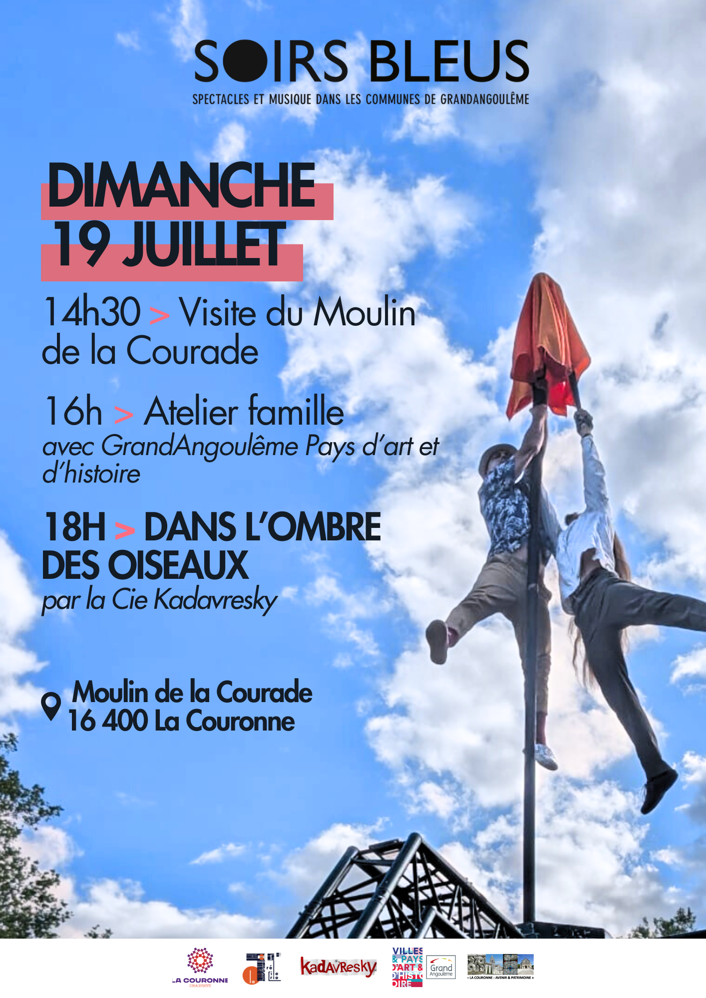 Affiche des Soirs Bleus du dimanche 19 juillet 2026 au Moulin de la Courade à La Couronne. Au programme : visite du Moulin à 14h30, atelier famille à 16h avec GrandAngoulême Pays d'art et d'histoire, puis spectacle « Dans l'ombre des oiseaux » de la compagnie Kadavresky à 18h.