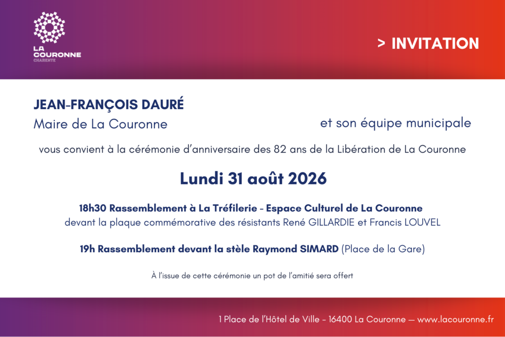 Invitation commémoration du 31 août - 2026 - 82 ans de la libération de La Couronne