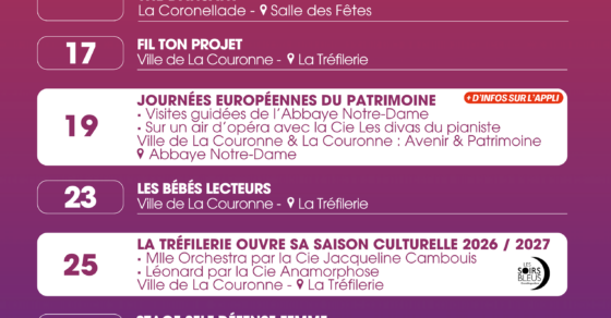 Affiche Ce mois-ci à La Couronne de Septembre 2026 - Affiche récapitulative des événements à La Couronne en Septembre 2026