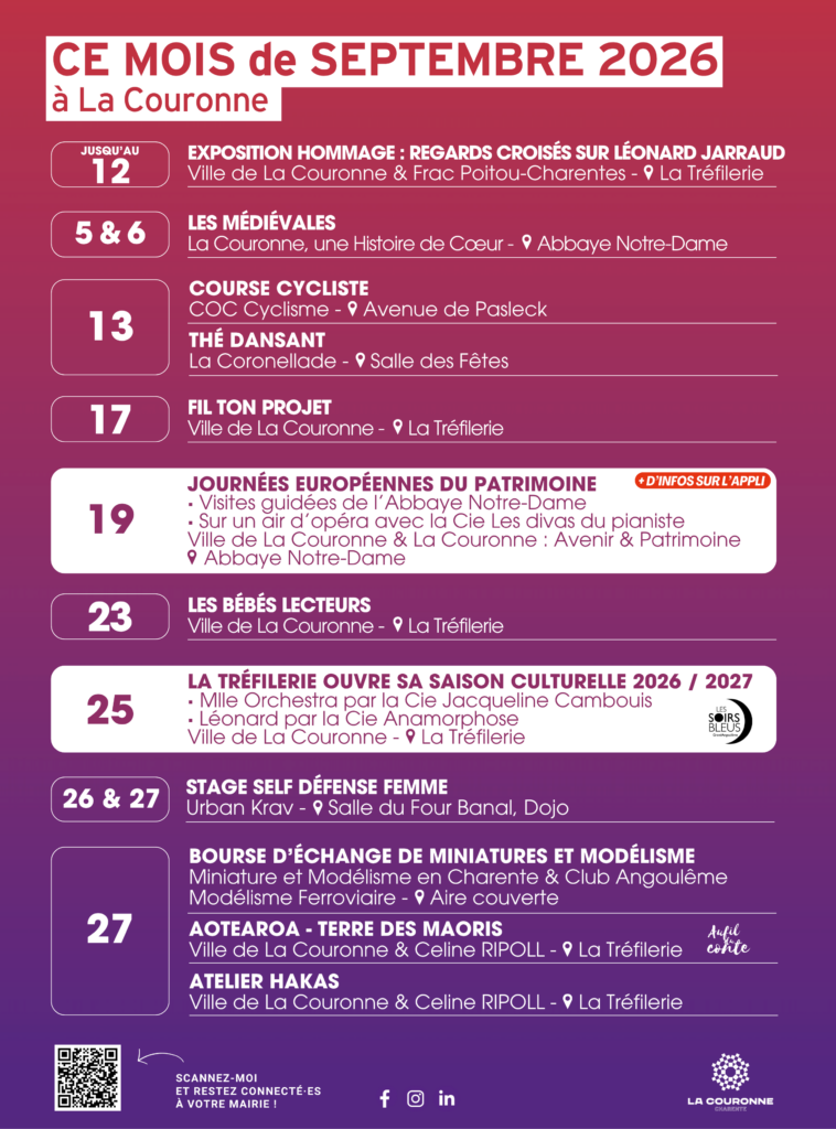 Affiche Ce mois-ci à La Couronne de Septembre 2026 - Affiche récapitulative des événements à La Couronne en Septembre 2026