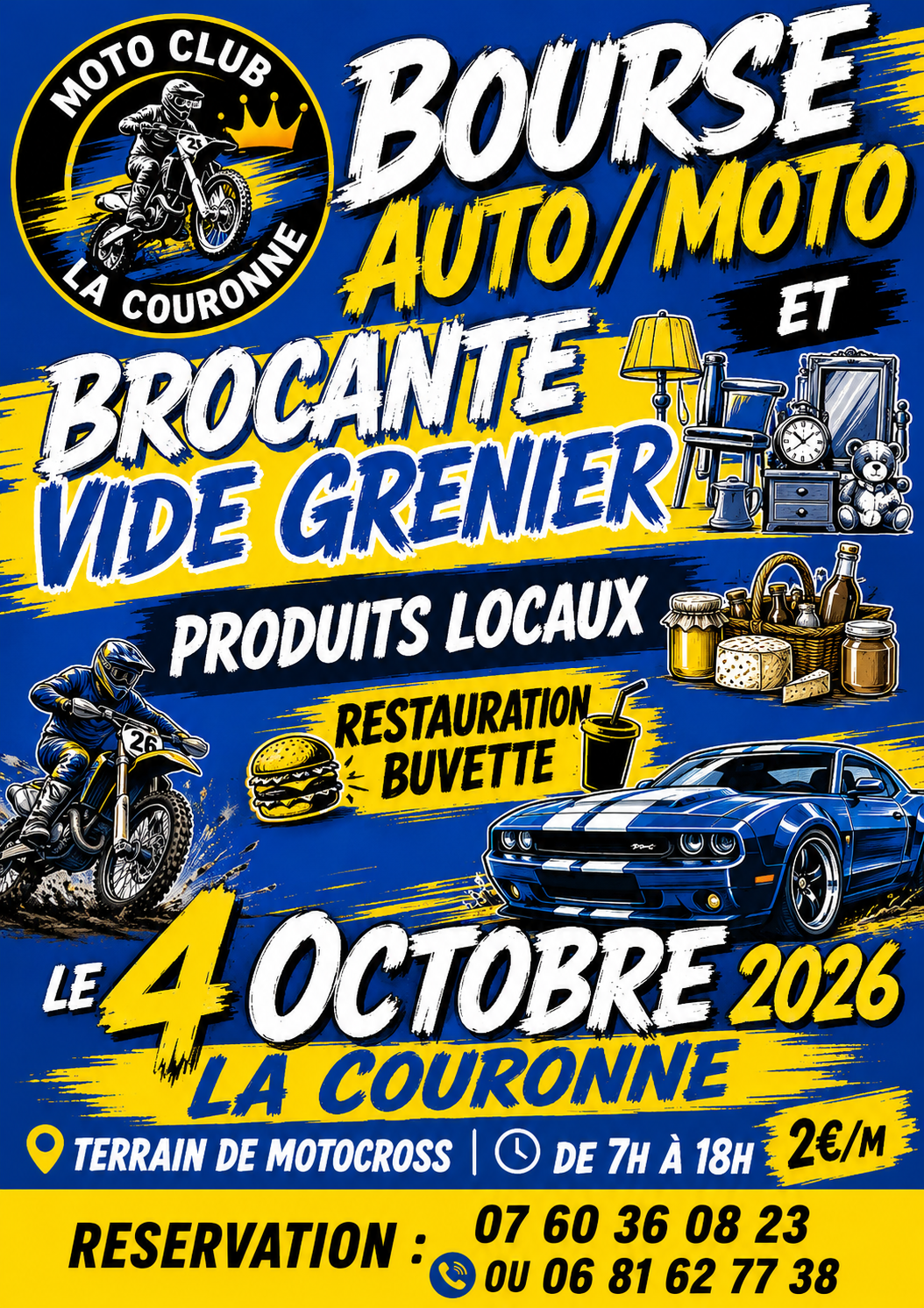 Affiche Brocante vide grenier 4 octobre 2026 association La Couronne Loisirs Moto