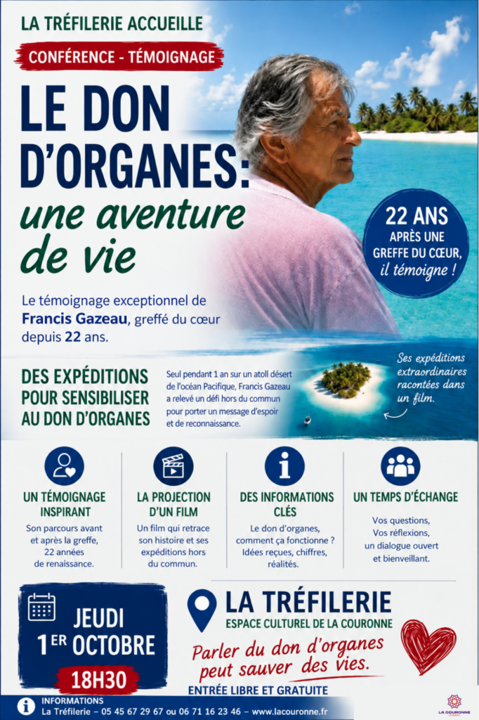 Affiche Conférence témoignage "Le don d'organes : une aventure de vie - 1er octobre 2026