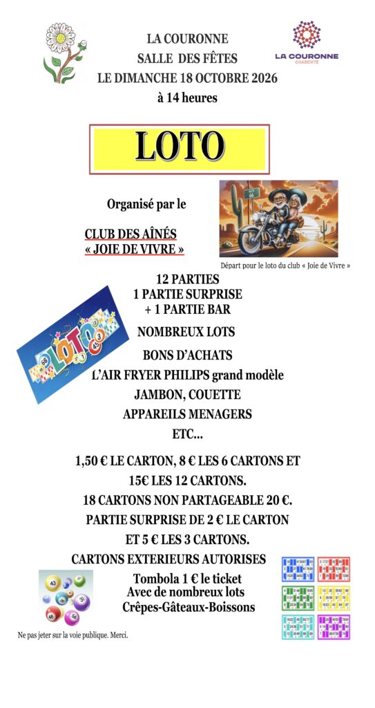 Affiche du loto du club des ainés "Joie de vivre" 2026