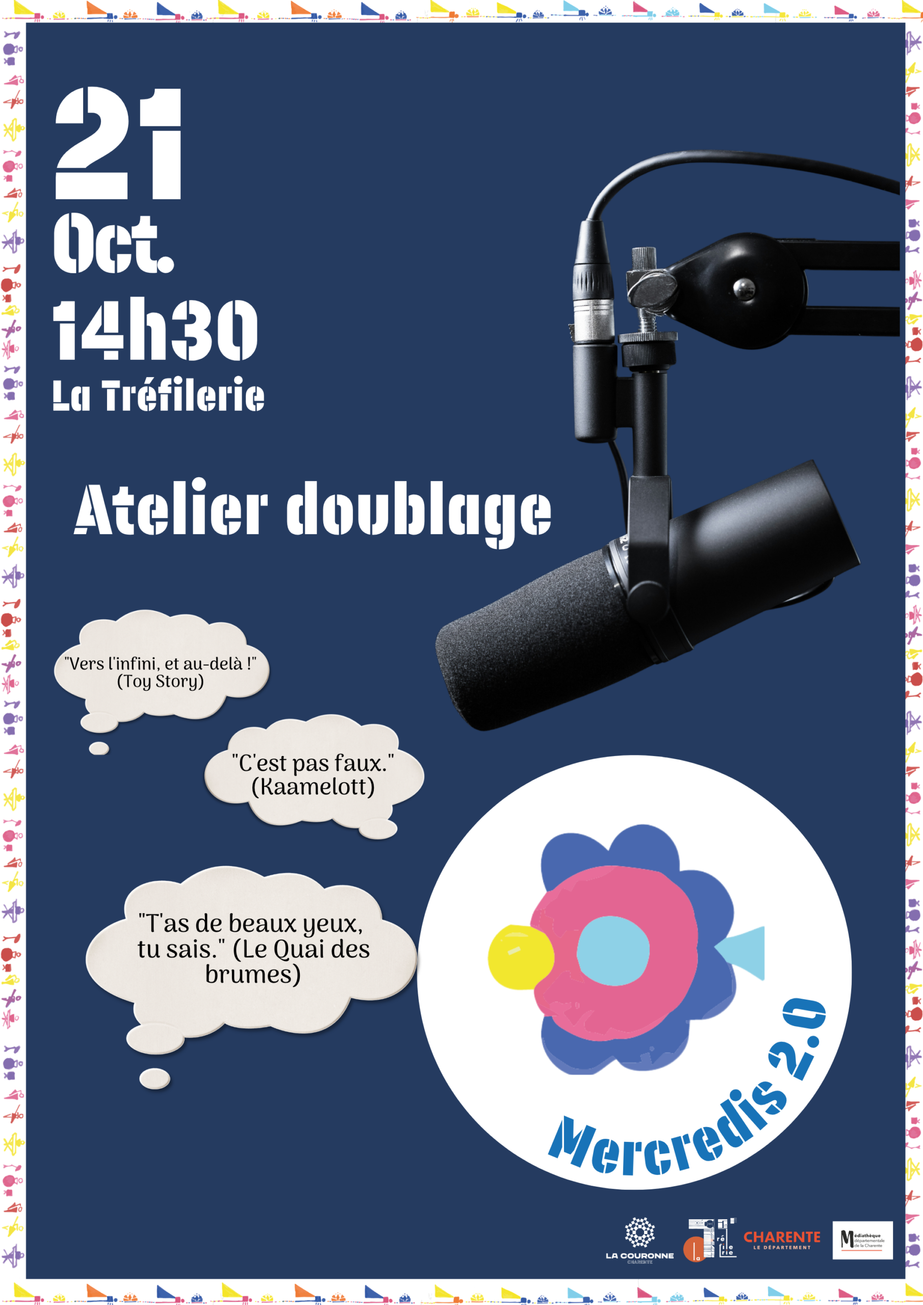 Affiche Les Mercredis 2.0 – atelier doublage – Mercredi 21 octobre Affiche Les Mercredis 2.0 - atelier doublage - Mercredi 21 octobre