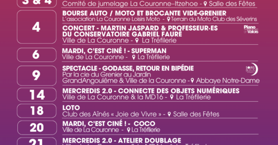Affiche Ce mois-ci à La Couronne de Septembre 2026 - Affiche récapitulative des événements à La Couronne en Octobre 2026
