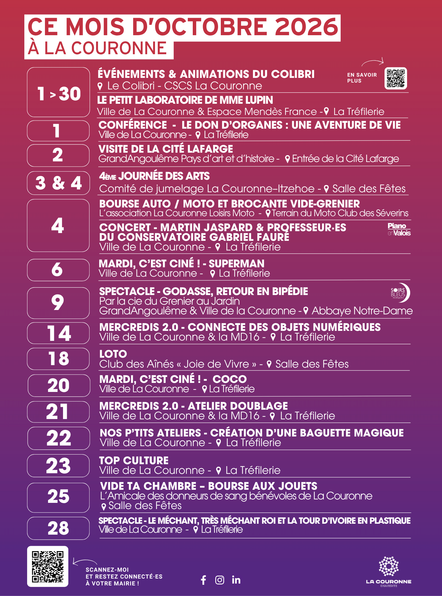 Affiche Ce mois-ci à La Couronne de Septembre 2026 – Affiche récapitulative des événements à La Couronne en Octobre 2026 Affiche Ce mois-ci à La Couronne de Septembre 2026 - Affiche récapitulative des événements à La Couronne en Octobre 2026