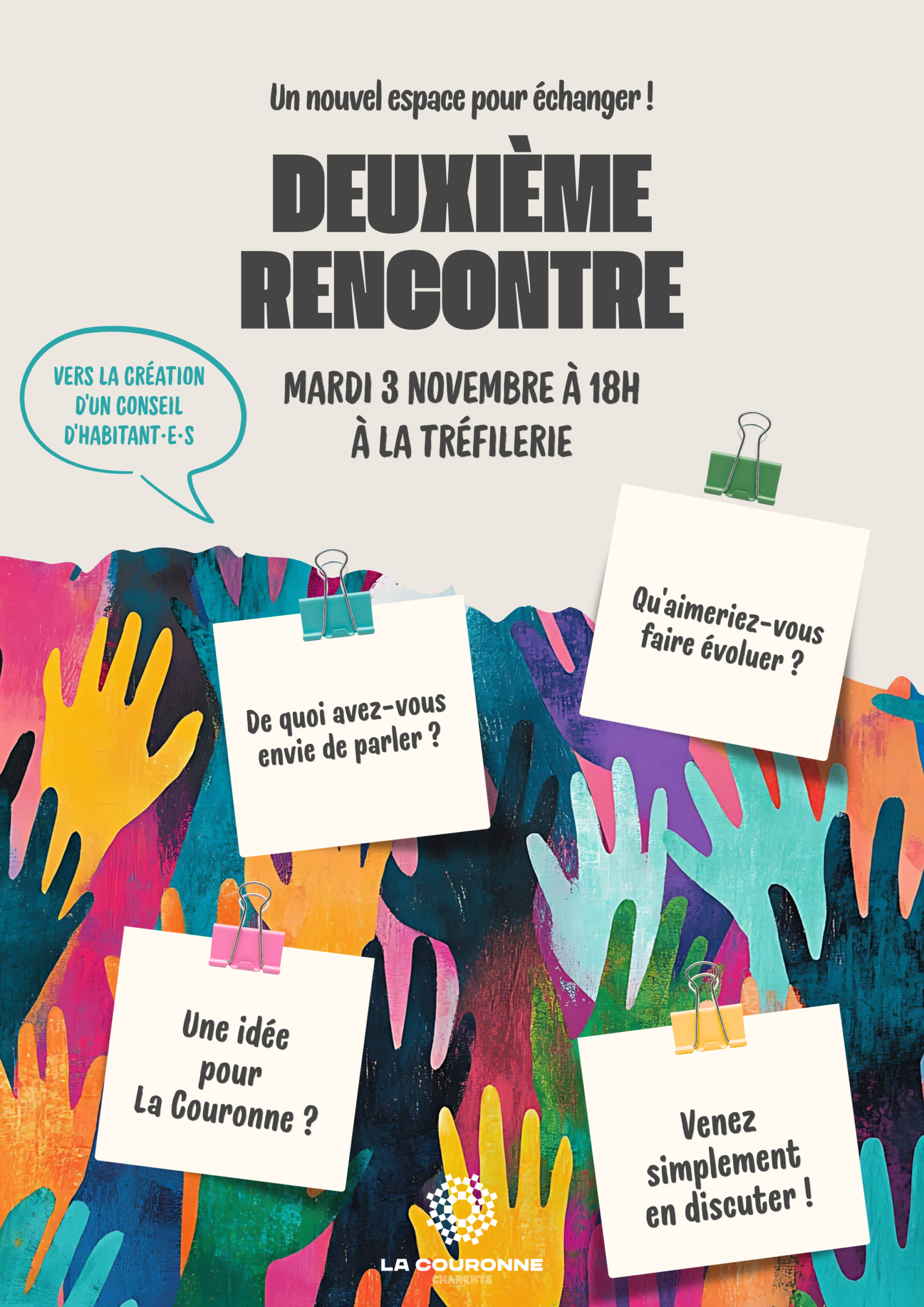 Affiche de la deuxième rencontre autour de la participation citoyenne le mardi 3 novembre 2026 à 18h