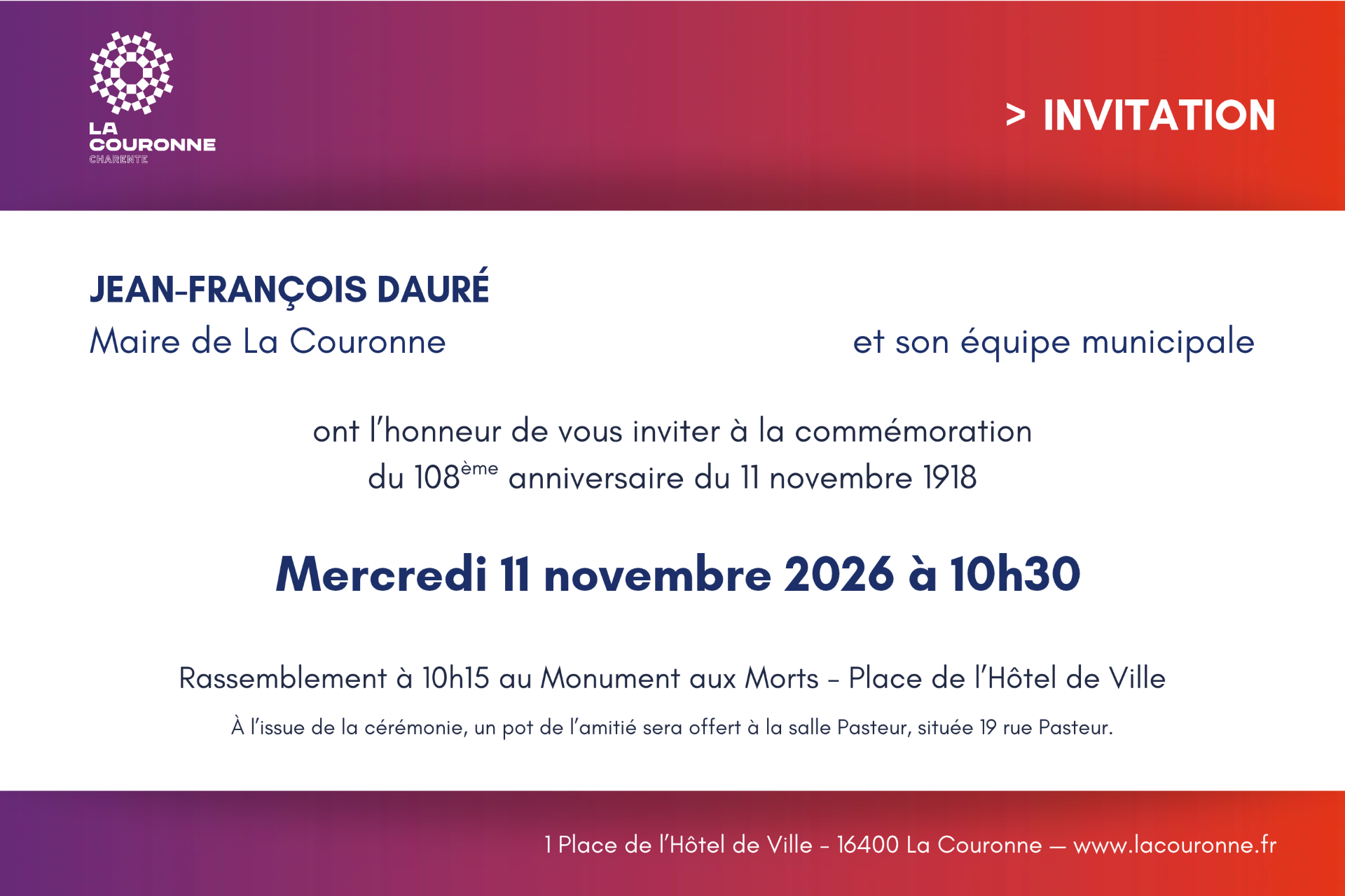Invitation à la commémoration du 108ème anniversaire du 11 novembre 1918