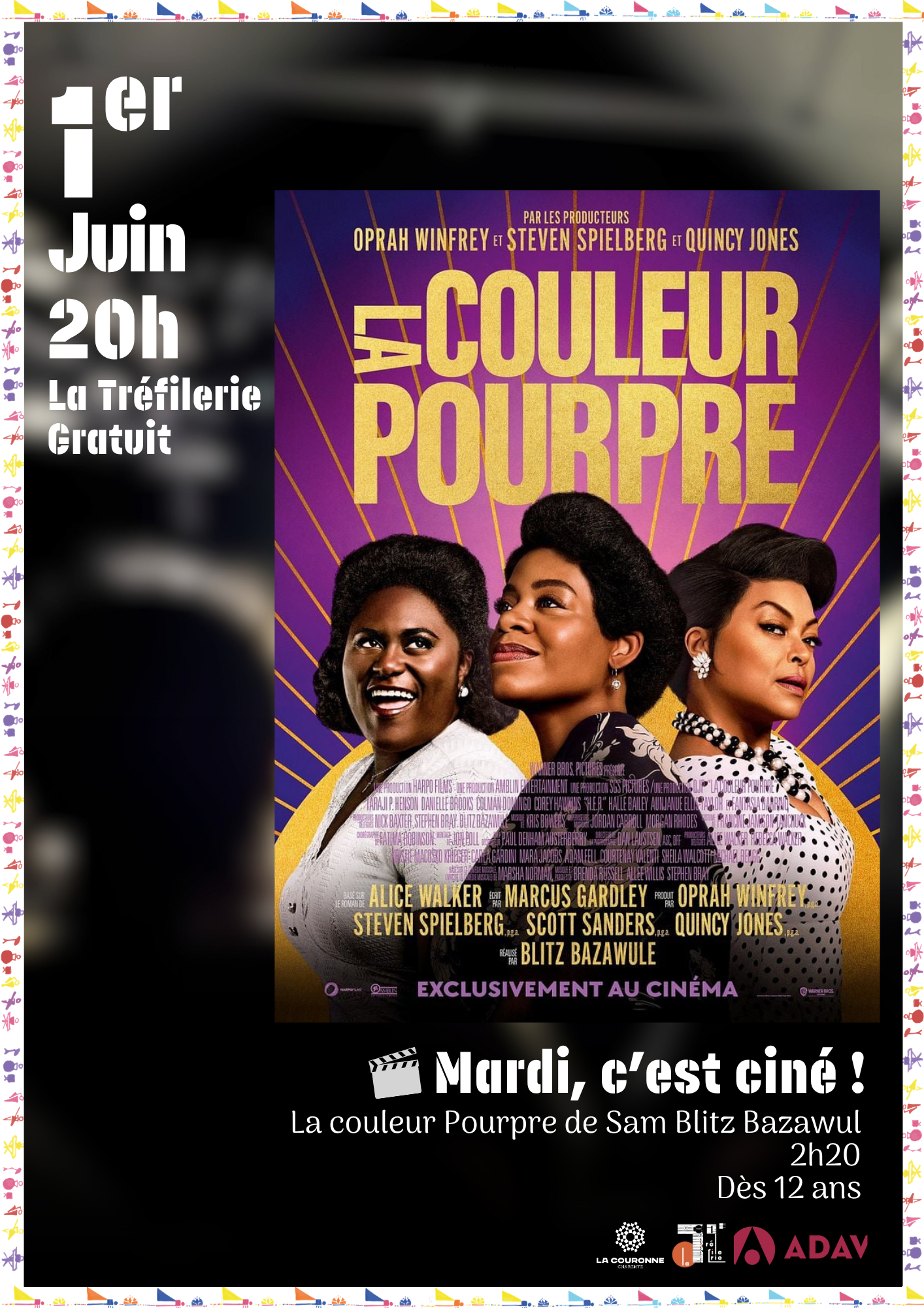 Affiche Mardi, c’est ciné ! Projection du film « La couleur pourpre » le Mardi 1er juin 2027 Affiche Mardi, c'est ciné ! Projection du film "La couleur pourpre" le Mardi 1er juin 2027